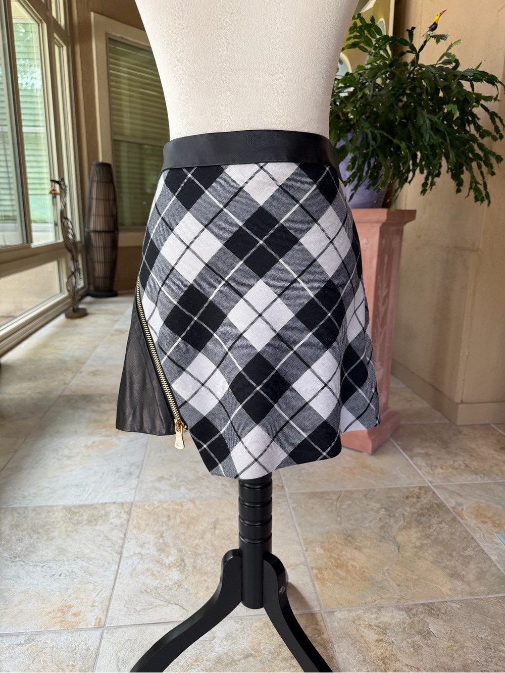 Milly plaid and leather mini skirt, size 10.